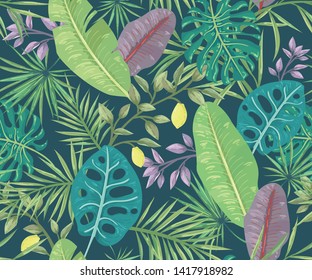 Seamless pattern with palm leaves and exotic plants