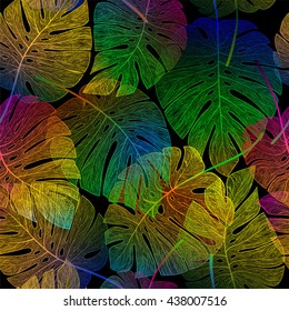 Seamless pattern with palm leaves, exotic monstera. Vector illustration.