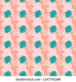 Seamless pattern with palm leaves and flamingo on pink background. Popular print with monstera for design. Vector illustration