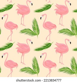 Seamless pattern with palm leaves and flamingos. Design for fabric, pajamas, girls wallpaper, etc