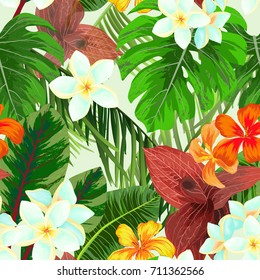 Seamless pattern with palm leaves and flowers