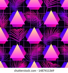 Seamless pattern with palm leaves and geometric shapes. Tropical vibes design. Futuristic digital vector wallpaper. Vaporwave, cyberpunk aesthetics.