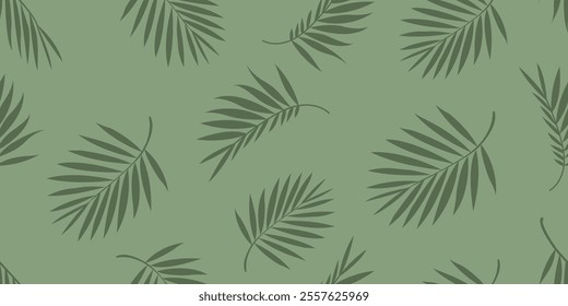 seamless pattern with palm leaves. green background. Vector hand drawing. Simple ornament for designs, fabric