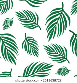 Seamless pattern with palm leaves in green on white background. Tropical botanical texture for summer fabric, wrapping paper, wallpaper or web design. Flat minimal vector.