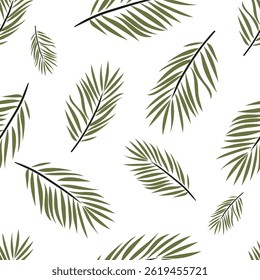 Padrão contínuo com folhas de palma em verde sobre fundo branco. Textura botânica tropical para tecido de verão, papel de embrulho, papel de parede ou web design. Vetor plano mínimo.