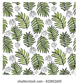 Seamless pattern with palm leaves. Hand drawn pattern. seamless tropical jungle floral pattern background with palm leaves. Palm pattern. Palm tree leaves in a seamless pattern.