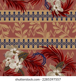 Seamless pattern with palm leaves, hibiscus flowers and geometric ornament. Design for cloth, wallpaper, gift wrapping. Print for silk, calico and home textiles.
