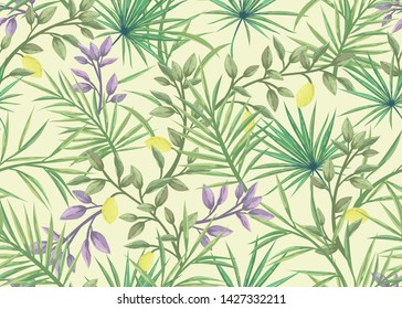 seamless pattern with palm leaves and lemons
