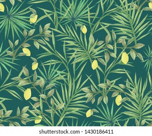  seamless pattern with palm leaves and lemons