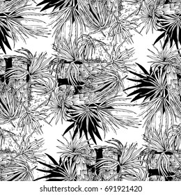 Seamless pattern with palm leaves, monochrome.