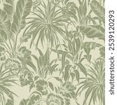 Seamless pattern with palm leaves on green background. Hand drawn vector botanical background.