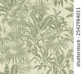 Seamless pattern with palm leaves on green background. Hand drawn vector botanical background.