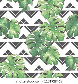 Seamless pattern with palm leaves on abstract background