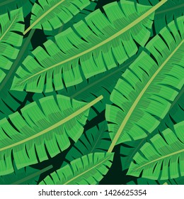 Seamless pattern with palm leaves on a dark background.