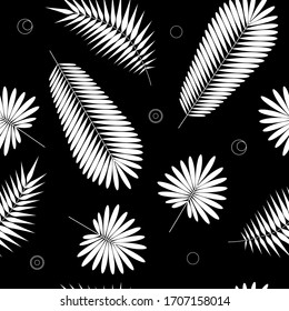 Seamless pattern with palm leaves on a black background. For the design of wallpaper, textiles, clothing, wrapping paper, printing products