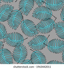 Seamless pattern with palm leaves on grey background, hand drawn vector illustration, isolated. 