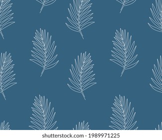 Seamless pattern with palm leaves on blue background. Continuous one line drawing palm leaf. White line art on blue background.