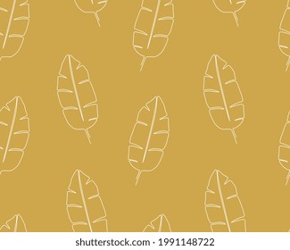 Seamless pattern with palm leaves on gold background. Continuous one line drawing palm leaf. White line art on gold background.