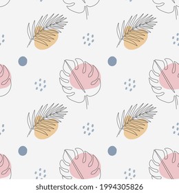 Seamless pattern with palm leaves on white background. Continuous one line drawing palm leaf. Black line art on white background with colorful spots. 