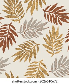 Seamless pattern with palm leaves on beige textured background. Tender colors seamless pattern with yellow, red and grey tropical leaves. Light elegant vector exotic fern leaf texture for textile,