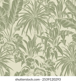 Seamless pattern with palm leaves on green background. Hand drawn vector botanical background.