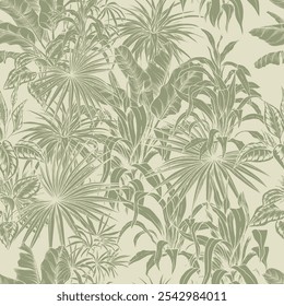 Seamless pattern with palm leaves on green background. Hand drawn vector botanical background.