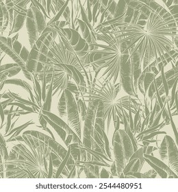 Seamless pattern with palm leaves on green background. Hand drawn vector botanical background.