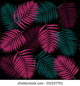 Seamless pattern with palm leaves on black background. Vector illustration.