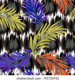 Seamless pattern with palm leaves on background with abstract grunge texture. Flower background for textile, cover, wallpaper, gift packaging, printing.Romantic design for calico, silk.