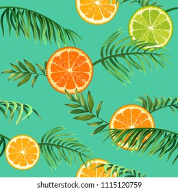 seamless pattern with palm leaves and oranges