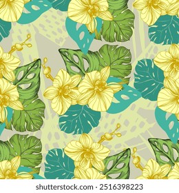 Seamless Pattern with palm leaves and orchids. Color sketch style hand drawn background. Detailed illustration, hand drawn. Great for fabric and textile, prints, invitation, packaging.