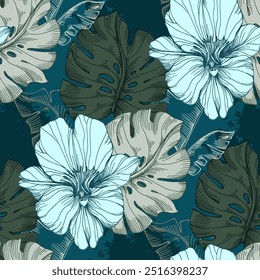 Padrão sem costura com folhas de palma e orquídeas. Fundo desenhado à mão estilo de esboço de cor. Ilustração detalhada, desenhada à mão. Ótimo para tecido e têxtil, estampas, convite, embalagem.