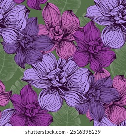 Seamless Pattern with palm leaves and orchids. Color sketch style hand drawn background. Detailed illustration, hand drawn. Great for fabric and textile, prints, invitation, packaging.