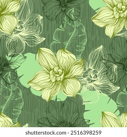 Seamless Pattern with palm leaves and orchids. Color sketch style hand drawn background. Detailed illustration, hand drawn. Great for fabric and textile, prints, invitation, packaging.