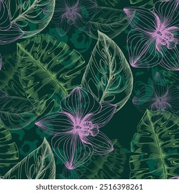 Nahtloses Muster mit Palmblättern und Orchideen. Farbskizze Stil handgezeichneter Hintergrund. Detaillierte Abbildung, handgezeichnet. Ideal für Stoff und Textilien, Prints, Einladungen, Verpackungen.