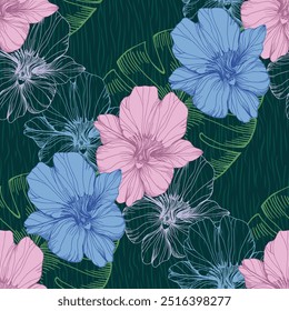 Seamless Pattern with palm leaves and orchids. Color sketch style hand drawn background. Detailed illustration, hand drawn. Great for fabric and textile, prints, invitation, packaging.