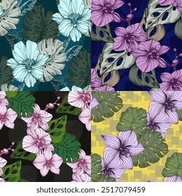 Seamless Pattern with palm leaves and orchids. Color sketch style hand drawn background. Detailed illustration, hand drawn. Great for fabric and textile, prints, invitation, packaging.