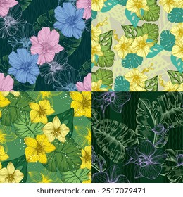 Seamless Pattern with palm leaves and orchids. Color sketch style hand drawn background. Detailed illustration, hand drawn. Great for fabric and textile, prints, invitation, packaging.