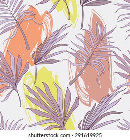 seamless pattern with palm leaves and painting blurs, vector illustration