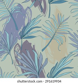 seamless pattern with palm leaves and painting blurs, vector illustration