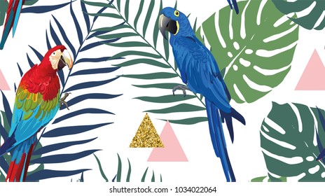 Seamless pattern with palm leaves and parrots