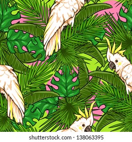 Seamless pattern with palm leaves and parrots, Tropical background