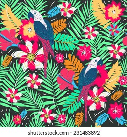 Seamless pattern with palm leaves and parrots.Colorful Nature seamless background. Tropical flower , blossom  pattern background.