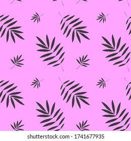 A seamless pattern of palm leaves silhouette on pink background.