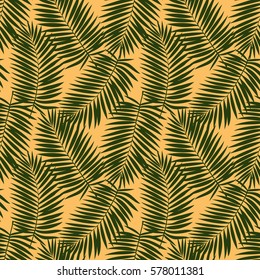 Seamless pattern of palm leaves silhouette isolated on orange. Tropical wallpaper, textile print, exotic background.
