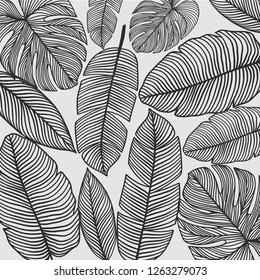 Seamless pattern with palm leaves. Simple pencil drawing. Manual graphics. Stylish vintage illustration. Design wallpaper, fabrics, postal packaging. Illustration