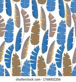 Patrón sin foco con hojas de palma. Ilustración veraniega en tonos azules y naranjas. Ilustración vectorial plana para textiles, cubiertas y decoración.