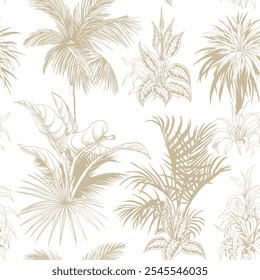 Seamless pattern with palm leaves. Toile de Jouy retro style. Botanical hand drawn illustration.