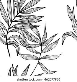 Seamless pattern with palm leaves. Leaves of palm tree vector freehand drawing in vintage style .