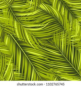 Seamless Pattern of Palm Leaves. Trendy Vector Tropical Background. Realistic Exotic Jungle Foliage in Modern Style. Tropic Seamless Pattern for Print, Paper, Fabric, Textile, Wallpaper, Wrapping.
